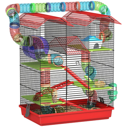 Pawut Cage for Hamster Mouse small animal rodent with Tunnel feeder wheel toy 47x30x59 cm red