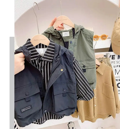 Children's Zipper Vest Spring Autumn Korean New Big Pocket Vestcost Boys Versatile Windproof Hooded Sleeveless Inner Lining Coat