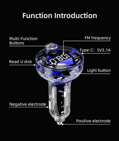 Transparent Car Bluetooth 5.4 FM Transmitter Handsfree Wireless Car Kit Colorful Light Car Charger Mp3 Player FM Modulator