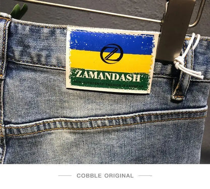 Summer Trendy Brand Handsome Denim Shorts Men's Washed Embroidered Patch Trendy Short Pants Ripped Slim-fit Elastic Middle Pants