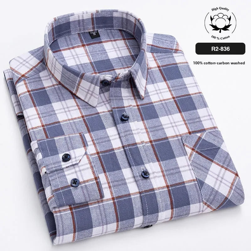Pure Cotton Men's Plaid Shirt Long Sleeve Regular Fit Men Casual Oversized Shirt Leisure Autumn Male Blouse New Plus Size