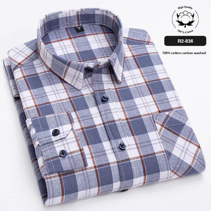 Pure Cotton Men's Plaid Shirt Long Sleeve Regular Fit Men Casual Oversized Shirt Leisure Autumn Male Blouse New Plus Size