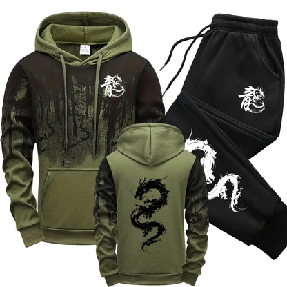 Chinese Dragon Tracksuit Hooded Sweatshirt Sweatpants City Vibe Hoodie 2 Piece Set Autumn Winter Men's Daily Casual Sport Outfit
