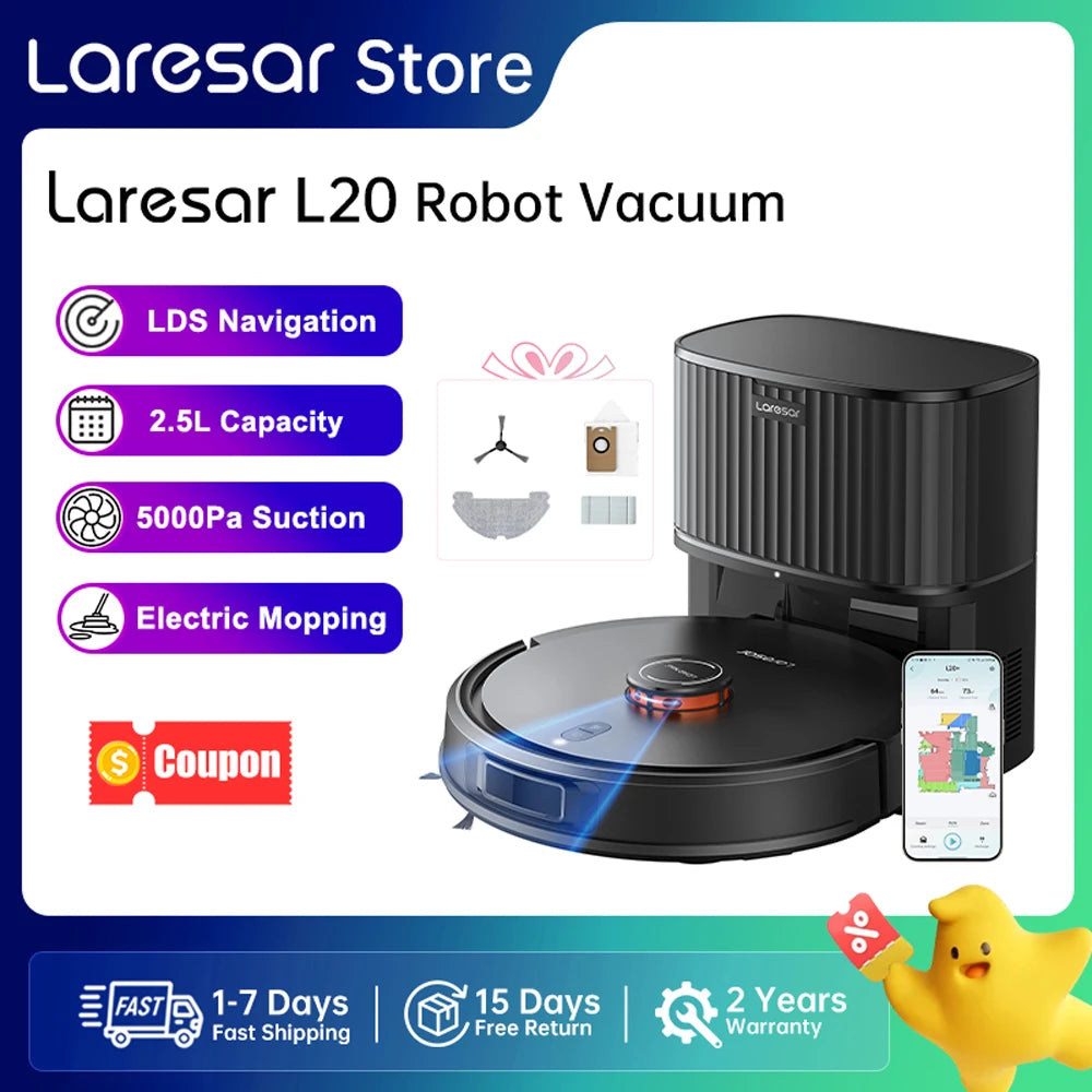Laresar L20 Robot Vacuum Cleaner 5000Pa Smart LDS Navigation Self-emptying Station APP Control Home Floor Mopping Carpet Clean