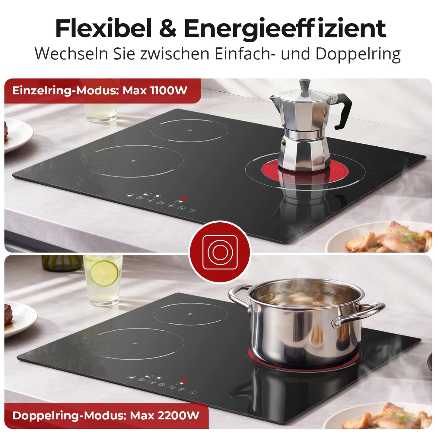 6000W Built-in Ceramic Hob, 4 Zone Induction Cooktop with Touch Control, 9 Power Levels, Timer & Child Lock, 60cm Black Glass
