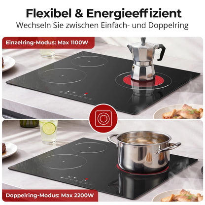 6000W Built-in Ceramic Hob, 4 Zone Induction Cooktop with Touch Control, 9 Power Levels, Timer & Child Lock, 60cm Black Glass