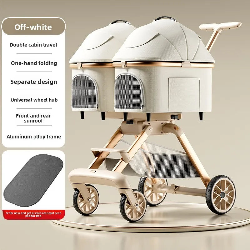 Twin Pet Cart Double Cabin Walking Pet Artifact Cat and Dog Outdoor Small and Medium Lightweight Foldable Double Layer Cart