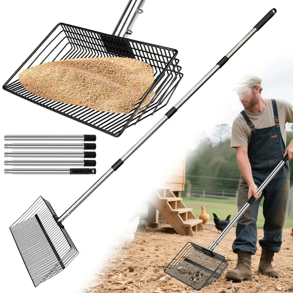 Portable Heavy-Duty 3-in-1 Chicken Manure Shovel with Adjustable Long Handle - Durable Metal Scoop for Easy Screening of Pine Shavings and Coop Cleaning, Coop Cleaning Tool | Adjustable Handle Shovel, Chicken Coop Supplies