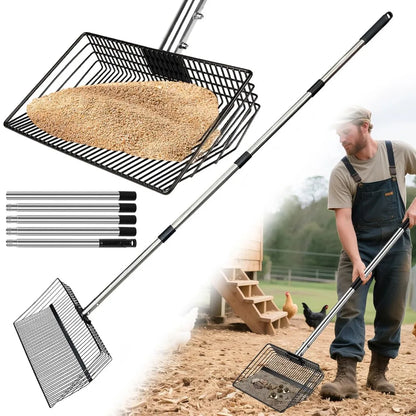 Portable Heavy-Duty 3-in-1 Chicken Manure Shovel with Adjustable Long Handle - Durable Metal Scoop for Easy Screening of Pine Shavings and Coop Cleaning, Coop Cleaning Tool | Adjustable Handle Shovel, Chicken Coop Supplies