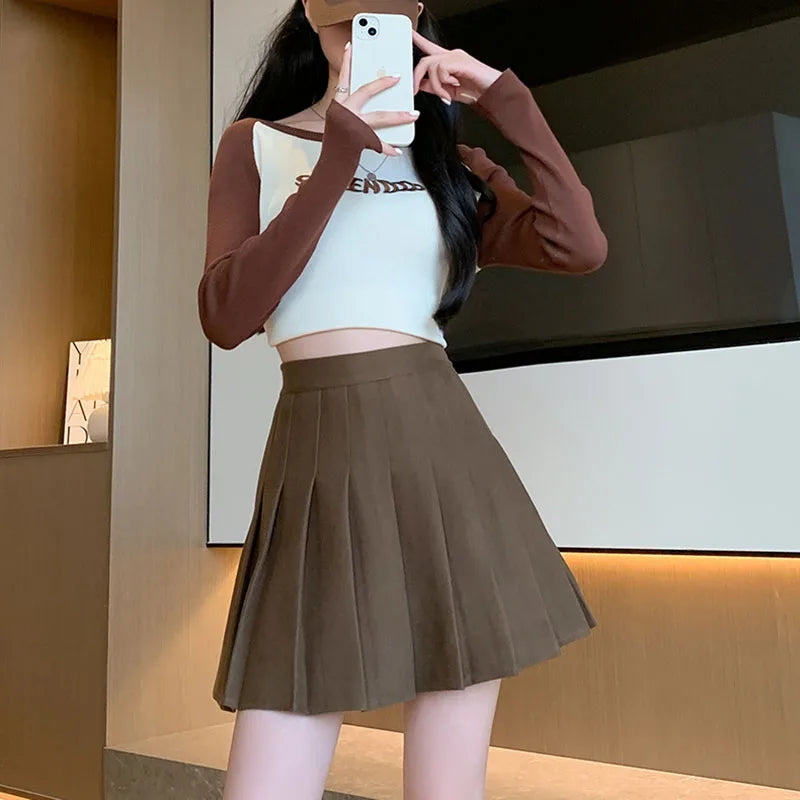 Autumn Winter Woolen Pleated Skirts Women New Korean High Waist Slimming Mini Skirt Ladies Preppy Style Side Zipper A-Line Skirt