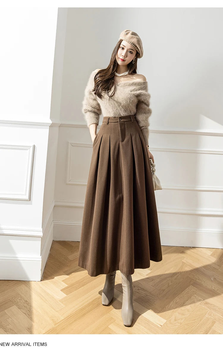 Vintage Winter Woolen Long Skirts For Women Streetwear High Waist Pleated Maxi Skirt Big Swing Folds A-Line Jupe Longues Femme