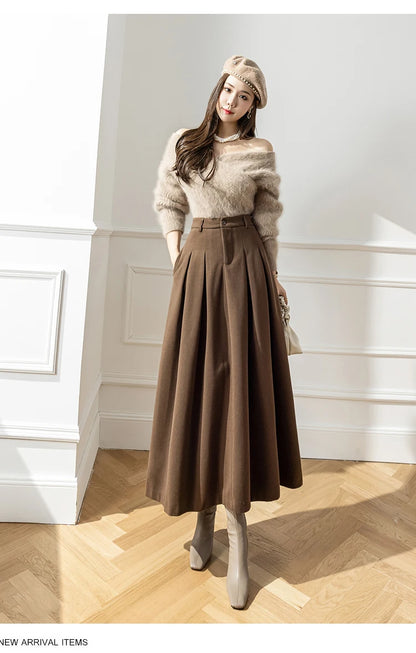 Vintage Winter Woolen Long Skirts For Women Streetwear High Waist Pleated Maxi Skirt Big Swing Folds A-Line Jupe Longues Femme