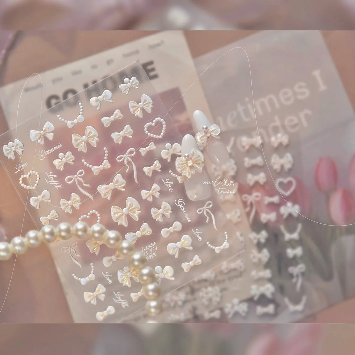 Shell Light Nail Stickers Small Fresh White Bow Ribbon Nail Charms Stickers Self Adhesive Nails 3D Decorations Parts DIY Decals