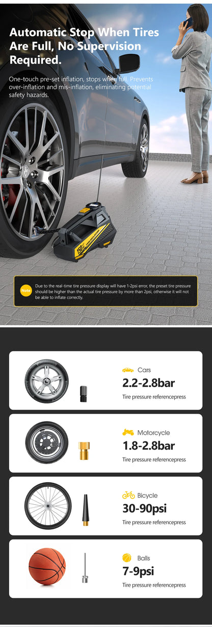 CARSUN Corded Portable Car Air Pump 12V 150PSI Electric Tire Inflator Pump Motorcycle Bike Ball LED Light Car Air Compressor