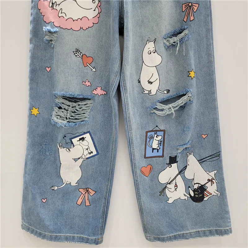 WTHT Fashion Trendy Women's Cartoon Print Hole Straight Jeans 2025 Spring New High Waist Wide Leg Denim Pants Female 1LS1175