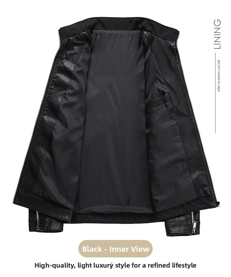 Spring Autumn Men's Biker Style Thin Top Layer Leather Jacket Motorcycle Outerwear Lightweight Korean Version Zipper Closure