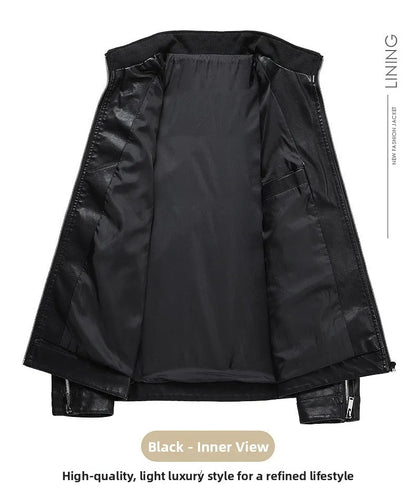 Spring Autumn Men's Biker Style Thin Top Layer Leather Jacket Motorcycle Outerwear Lightweight Korean Version Zipper Closure