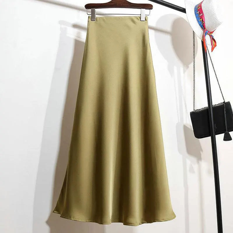 Botvotee Elegant Satin Long Skirt for Women Spring Summer 2025 Office Ladies Korean Style Loose Elastic Band Midi Skirts