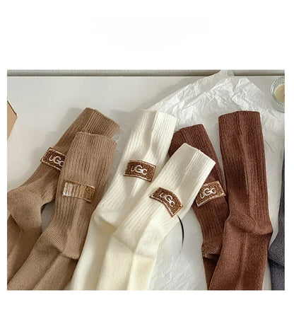 1/3Pairs Winter Thick Warm Padded Socks Solid Color Mid Calf Socks Women’s Casual Embroidered Logo Pile Socks Cold Weather Wear