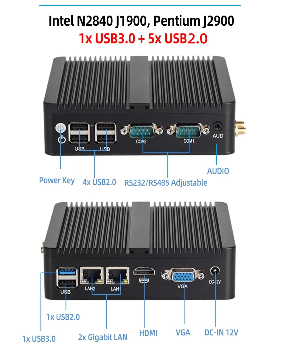 BEBEPC Fanless Industrial Mini PC with Intel Celeron J6412 J1900 Support Linux Computer with 2xRS232/485 2xGbE LAN Win10 Ready