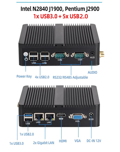 BEBEPC Fanless Industrial Mini PC with Intel Celeron J6412 J1900 Support Linux Computer with 2xRS232/485 2xGbE LAN Win10 Ready