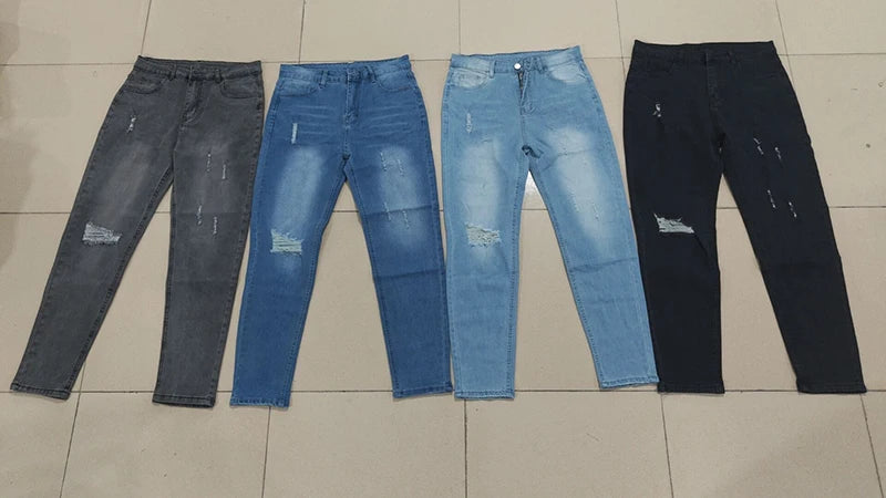 Men's American Retro Hole-Punched Stretch Slim Fit Jeans Zipper Casual Streetwear Denim Pants Classic Black Blue Skinny Trousers