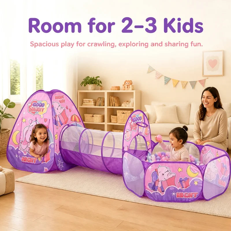 3 in 1 Pink Elephant Kids Play Tent with Crawl Tunnel & Ball Pit, Pop Up Foldable Toddler Playhouse, Breathable Mesh Safe Play Toy Indoor Outdoor Large Space for 2-3 Kids Ages 1-6，Quick Setup & Easy Storage with Carry Bag