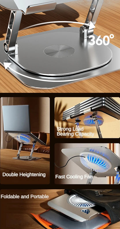 Laptop Stand 360° Rotatable Aluminum Alloy Tablet Cooling Stand with Folding Fan Radiator Support Lift Anti-skid for 7-17 Inch