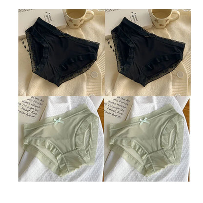 4 PCS/PACK Solid Color Women's Panties Mid-Waist Breathable Comfort Sexy Antibacterial Lace Innerwear