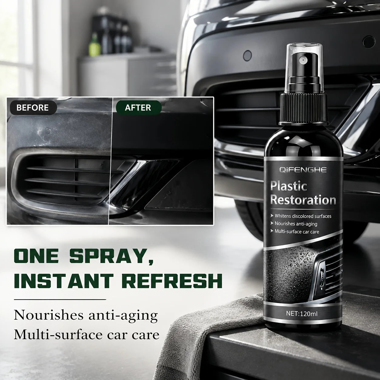 Plastic Restorer Interior Care Spray - Revive Black Shine on Plastic Rubber Vinyl Detailing Spray for Automotive Interior