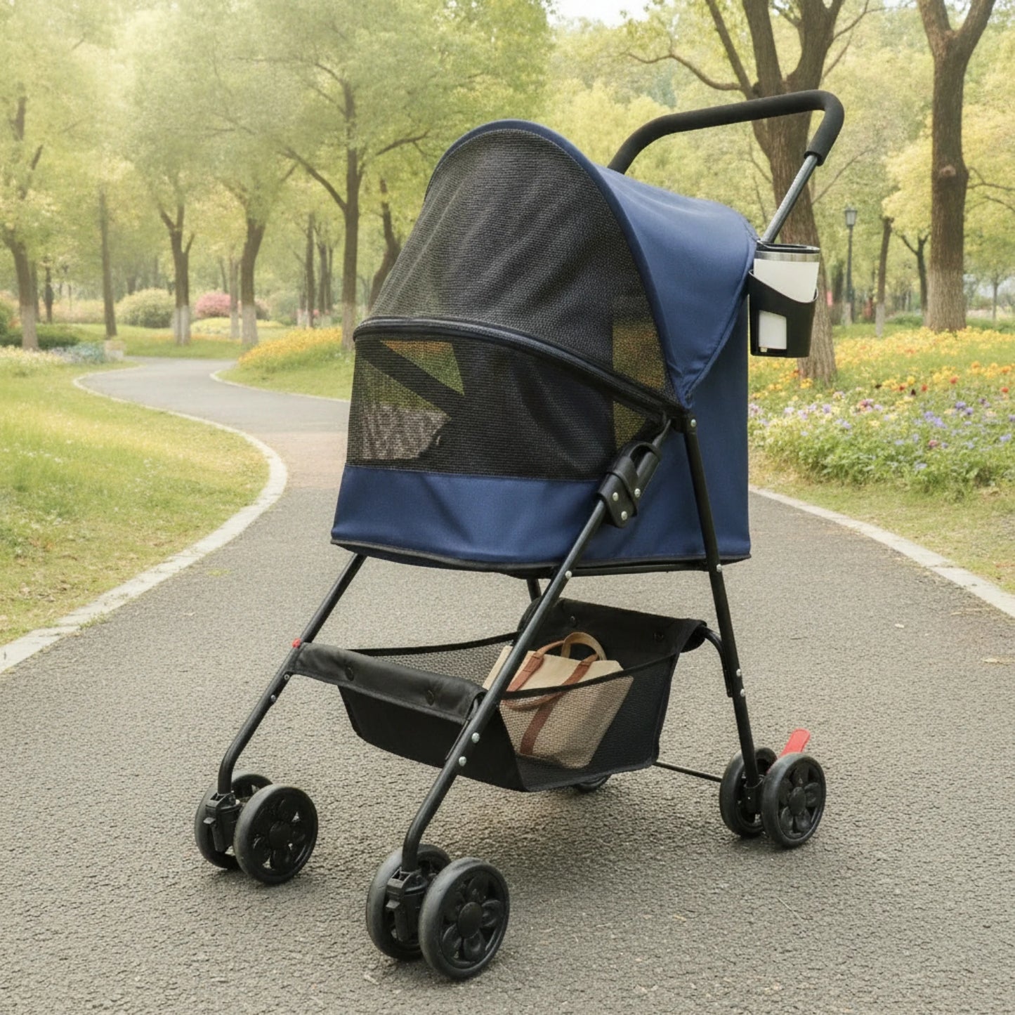 Pet Stroller with Cup Holder Collapsible Pet Stroller with Storage Basket Compact Portable for Small Dogs, Outdoor Walks, Travel