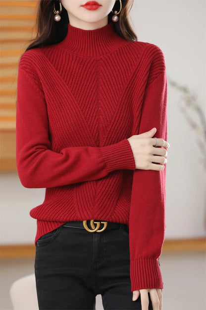 Women 100% Cotton Knit Sweater Half-high Collar Stripe Pullover Autumn Winter Thickened Bottoming Clothing Casual Knitted Tops