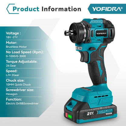 YOFIDRA 2 In 1 Brushless Electric Screwdriver Handheld Hexagonal Drill Screw Driver Home Power Tool Set For Makita Battery Pin