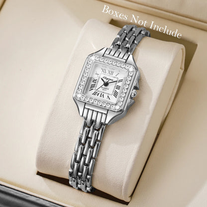Elegant Rhinestone Square Women Watches Fashion Roma Dial Quartz Wristwatch Reloj Mujer Ladies Clock (Without Box)