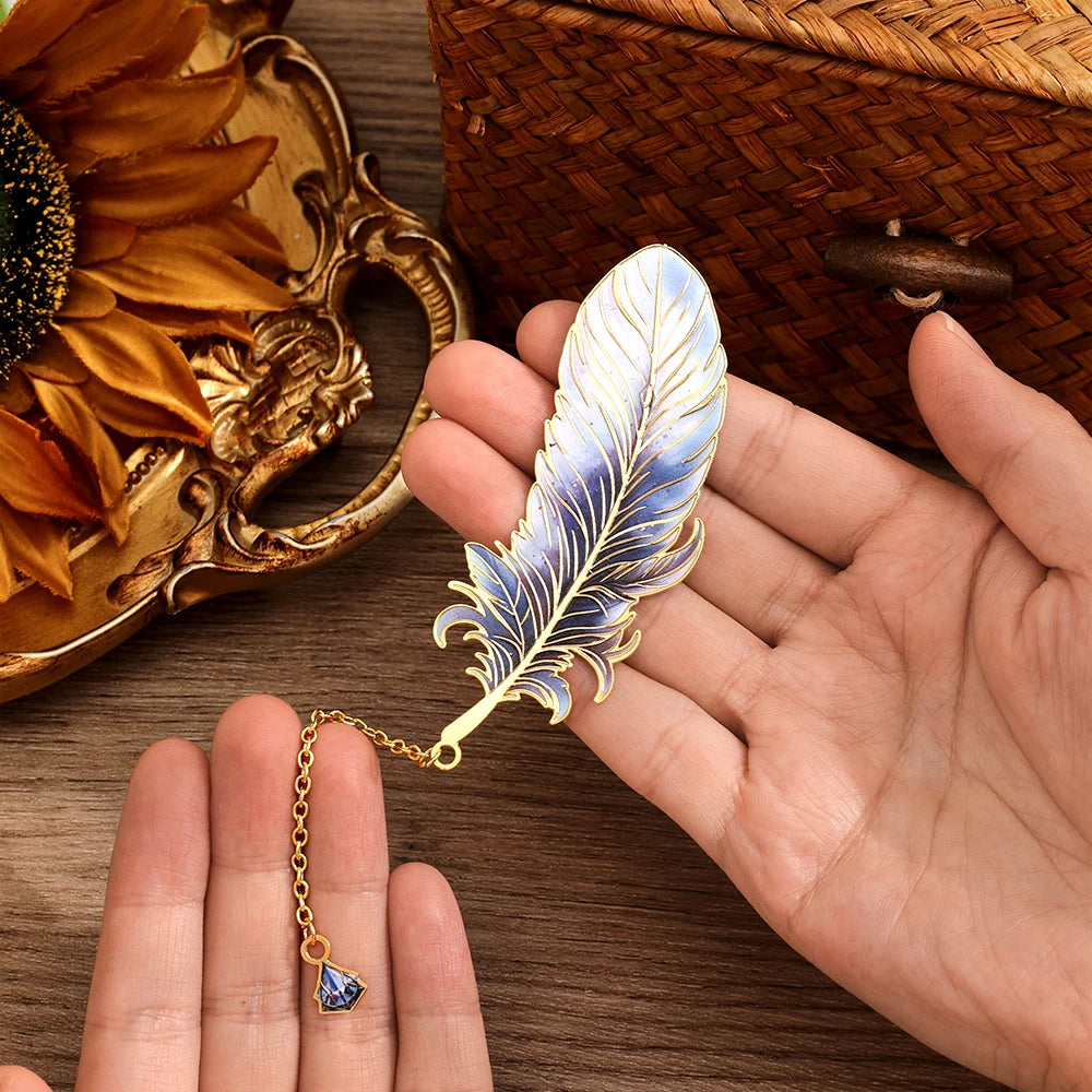 1 pc Metal Bookmarks with Chain Pendant Colorful Feather Design Unique Gifts for Book Lovers Writers Students Teachers Holiday