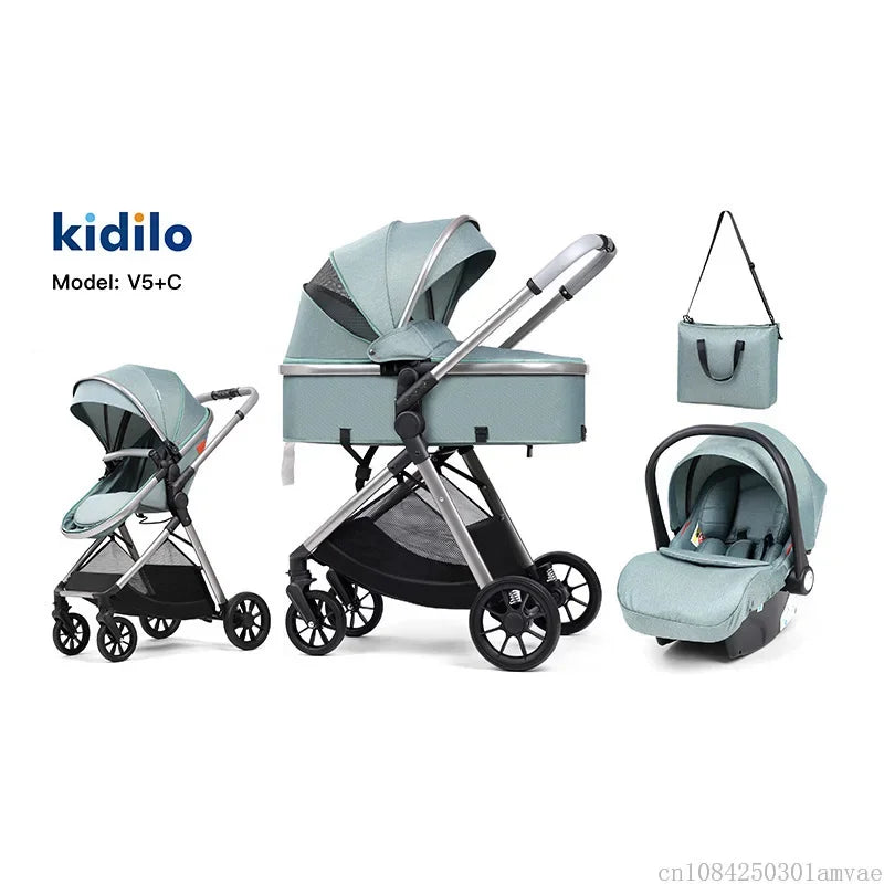3-in-1 baby stroller, high landscape stroller, equipped with car seat, mom bag, one click folding, can sit and lie down