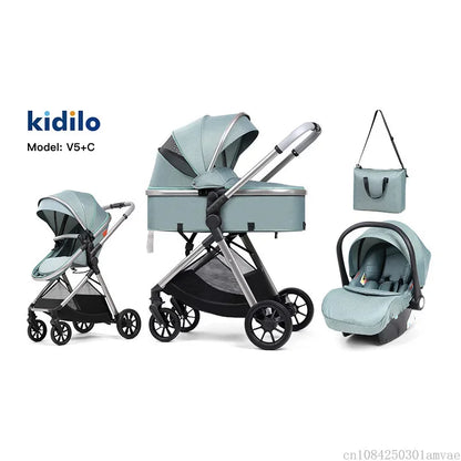 3-in-1 baby stroller, high landscape stroller, equipped with car seat, mom bag, one click folding, can sit and lie down