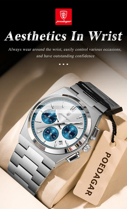 POEDAGAR Luxury Man Watch Chronograph Date Stainless Steel Sport Men Wristwatch Waterproof Luminous Fashion Quartz Men's Watches