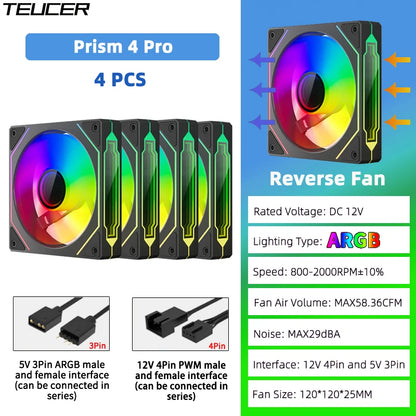 TEUCER Prism4 Pro ARGB Fan 120mm PC Case Fan Kit 4pin PWM CPU Cooling Fans 3pin 5v RGB 12cm Gaming Computer Fan
