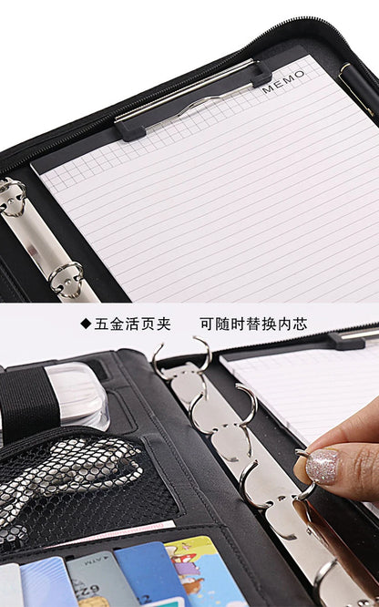 PU leather A4 zipper calculator binder conference file pad folder briefcase tablet portable circular handle file bag