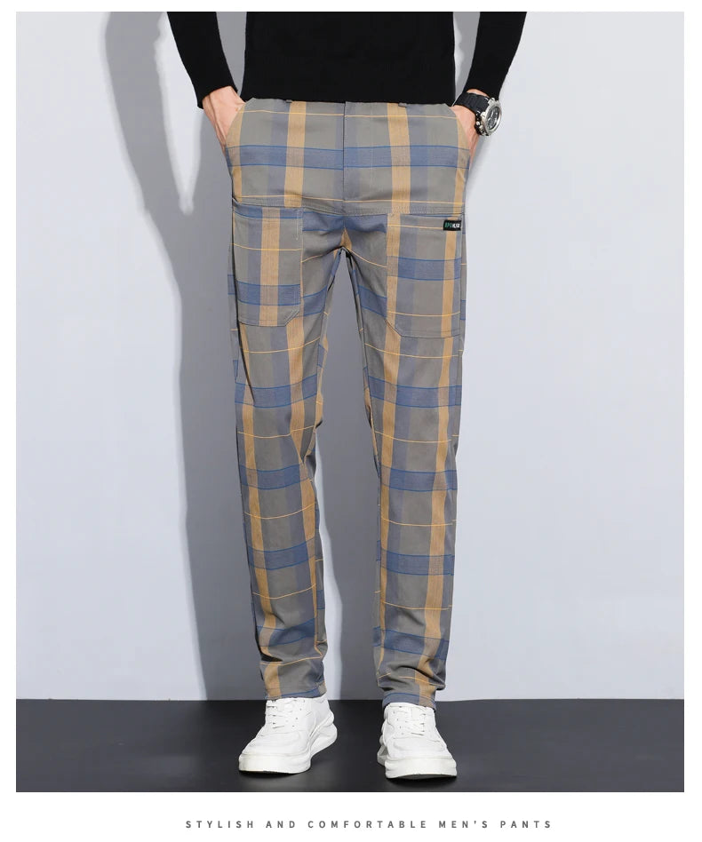 Autumn Winter Luxury Plaid Check Pattern Casual Pants Men Thick Business Elastic Waist Slim Fit Korean Pocket Long Trousers Male