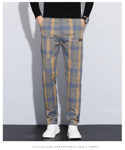 Autumn Winter Luxury Plaid Check Pattern Casual Pants Men Thick Business Elastic Waist Slim Fit Korean Pocket Long Trousers Male