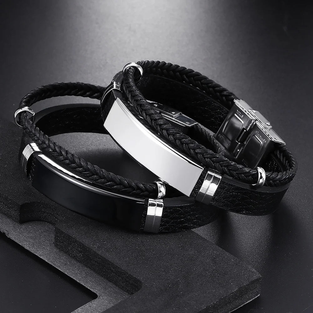 Bracelet Homme Twist Braid Leather Rope Bracelets For Men Stainless Steel Hiphop Rock Fashion Jewelry Accessories Wholesale