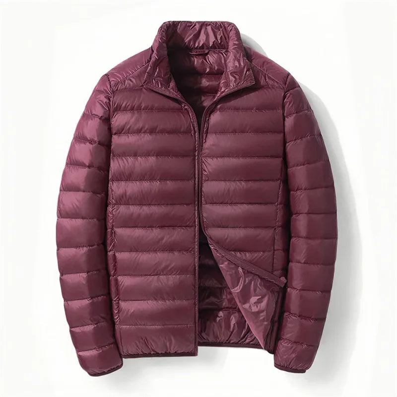 Men White Duck Down Jacket Warm Hooded Ultra Lightweight Packable Coat Winter Water and Wind-Resistant Breathable Down Jacket
