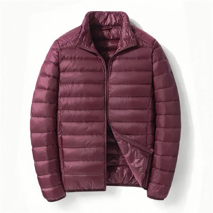 Men White Duck Down Jacket Warm Hooded Ultra Lightweight Packable Coat Winter Water and Wind-Resistant Breathable Down Jacket