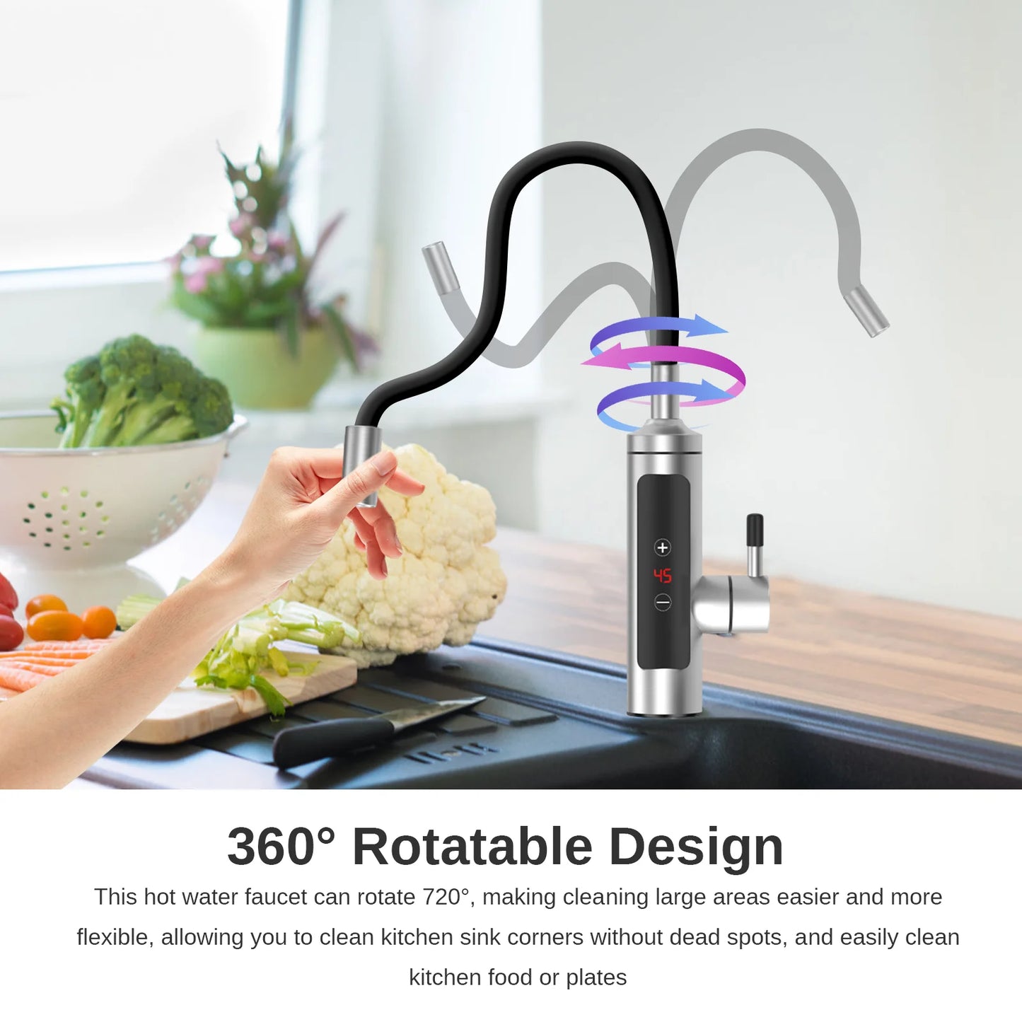 3000W Stainless Steel Electric Heating Tap, Electric Kitchen Tap Instantaneous Water Heater with LCD Temperature Display,360° Rotatable Hot Water Tap for Kitchen Bathroom