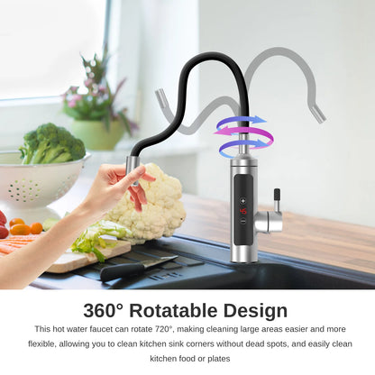 3000W Stainless Steel Electric Heating Tap, Electric Kitchen Tap Instantaneous Water Heater with LCD Temperature Display,360° Rotatable Hot Water Tap for Kitchen Bathroom