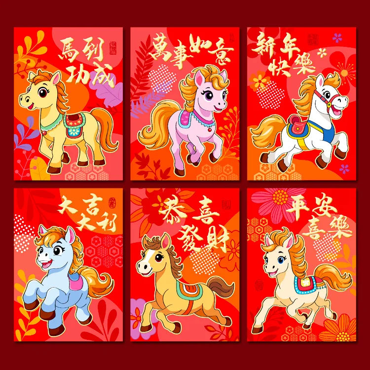 6Pcs 2026 Year Horse Zodiac Red Cash Envelopes, Chinese New Year Red Packets, Lucky Money Gift Bag