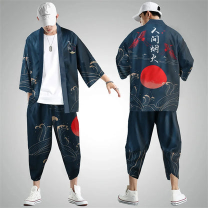Large Size 5XL 6XL Japanese Kimono Cardigan Pants Set Print Fox Men Women Shirt Tradition Yukata Haori Obi Cosplay Costume