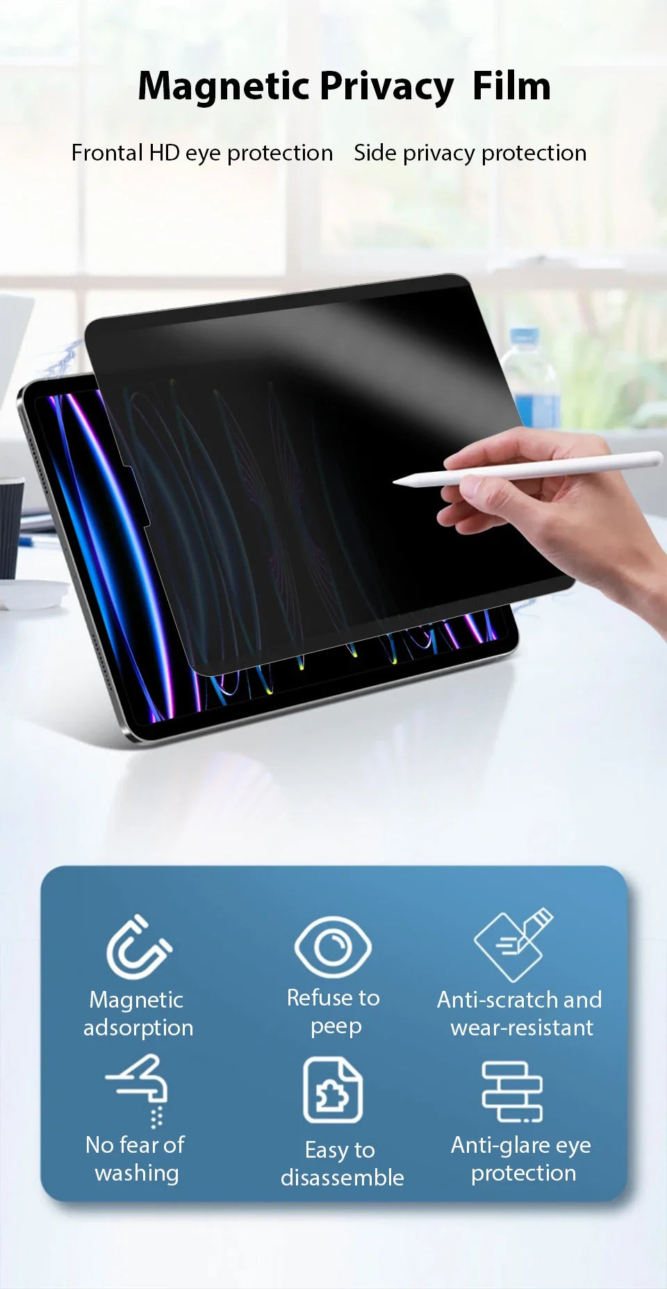 Privacy Screen Protector for 2024 iPad Air Pro 11 13 Magnetic Anti-peep Anti-Glare Film for Mini 6 Air 2/3/4/5 10th 10.5 12.9''